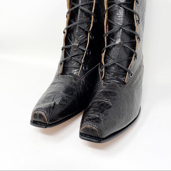 CYDWOQ Andesite Handmade Crackled Leather Square Toe Lace Up Boots Size 36, US 6 - Picture 7 of 12